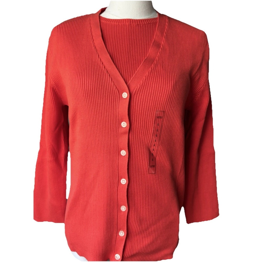 Vintage Ralph Lauren Twin Set Cardigan & Shell Hot Orange Ribbed Cotton L NWT